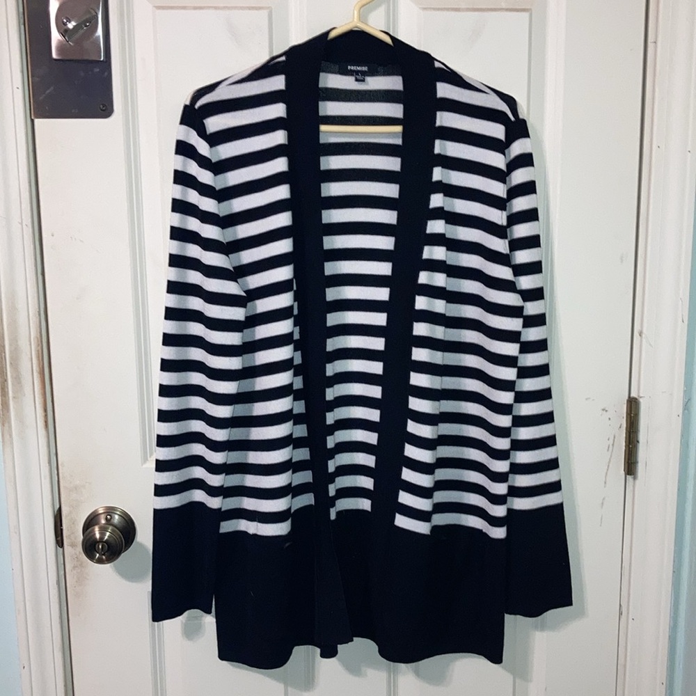 Premise Large Open Front Black & White Stripe Cardigan Knit Sweater